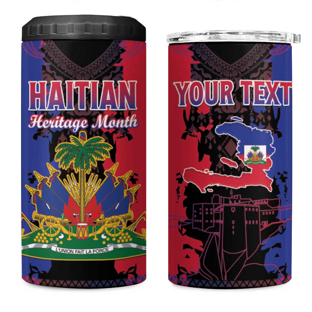 Personalised Haitian Heritage Month 4 in 1 Can Cooler Tumbler Coat Of Arms With Dashiki Pattern