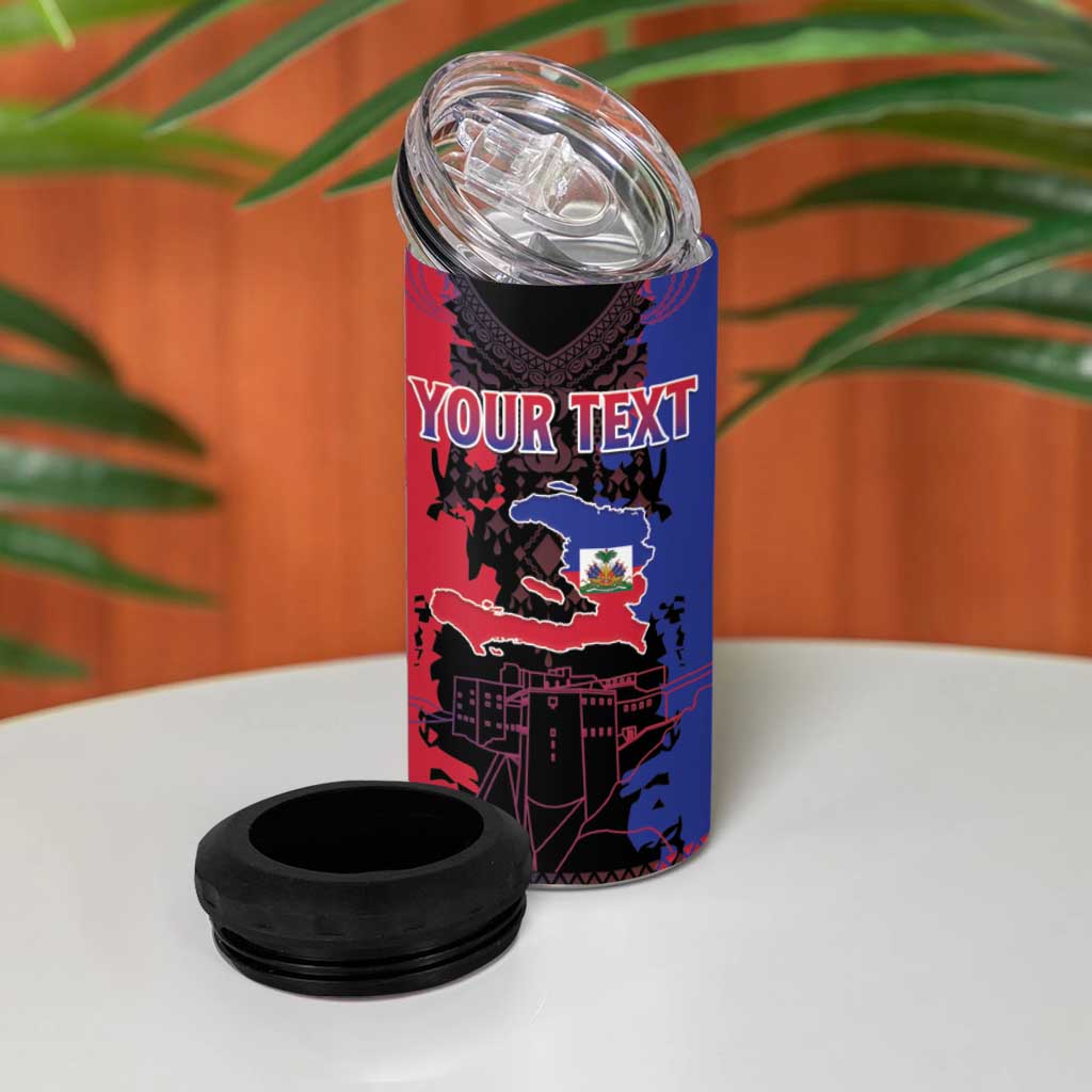 Personalised Haitian Heritage Month 4 in 1 Can Cooler Tumbler Coat Of Arms With Dashiki Pattern