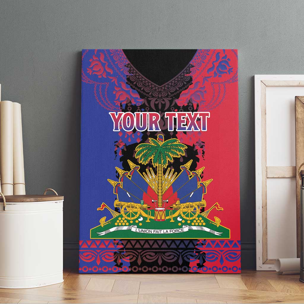 Personalised Haitian Heritage Month Canvas Wall Art Coat Of Arms With Dashiki Pattern