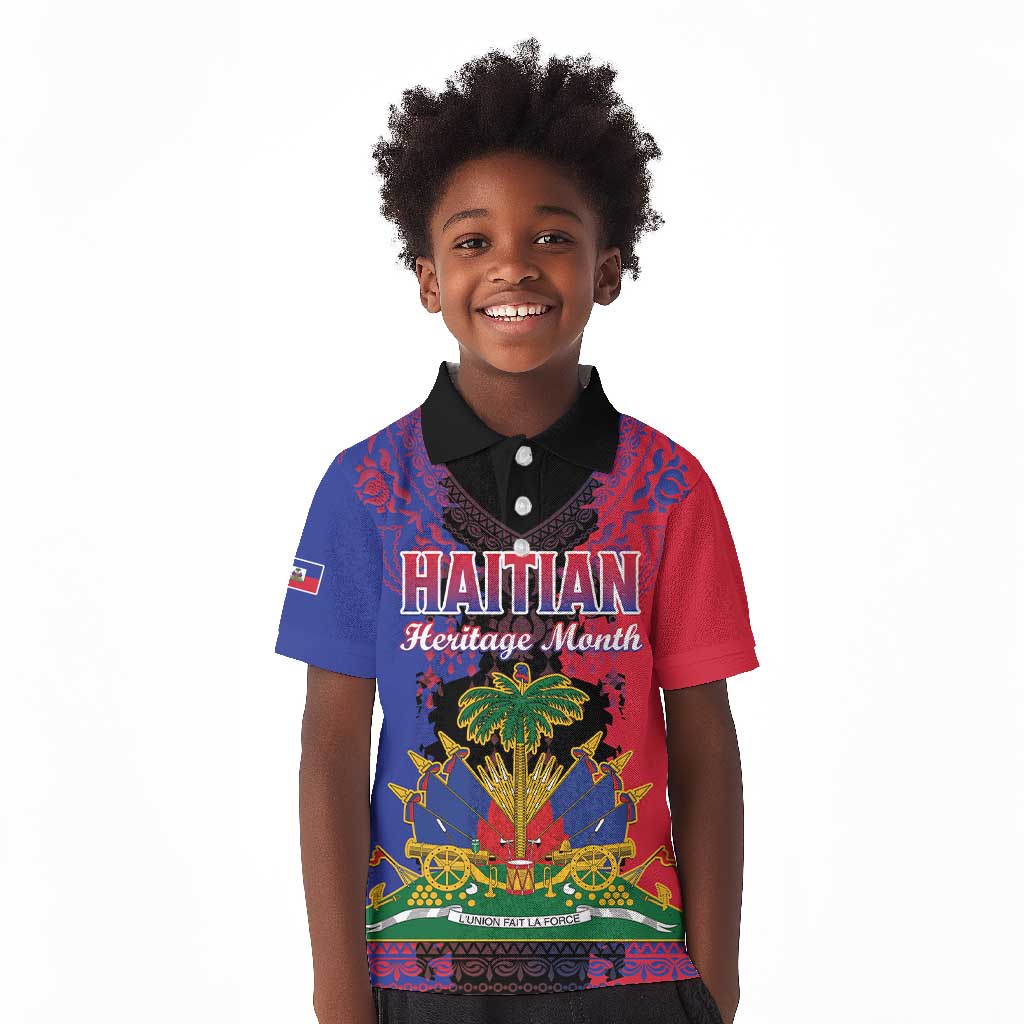 Personalised Haitian Heritage Month Kid Polo Shirt Coat Of Arms With Dashiki Pattern