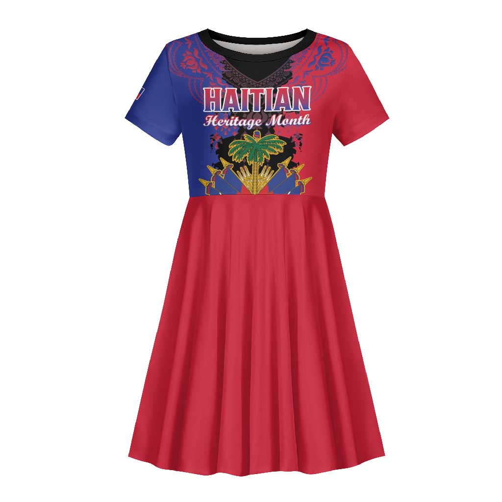 Personalised Haitian Heritage Month Kid Short Sleeve Dress Coat Of Arms With Dashiki Pattern