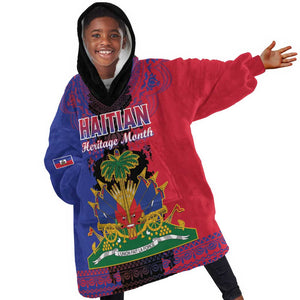 Personalised Haitian Heritage Month Kid Wearable Blanket Hoodie Coat Of Arms With Dashiki Pattern