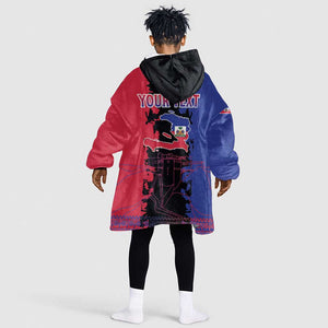 Personalised Haitian Heritage Month Kid Wearable Blanket Hoodie Coat Of Arms With Dashiki Pattern