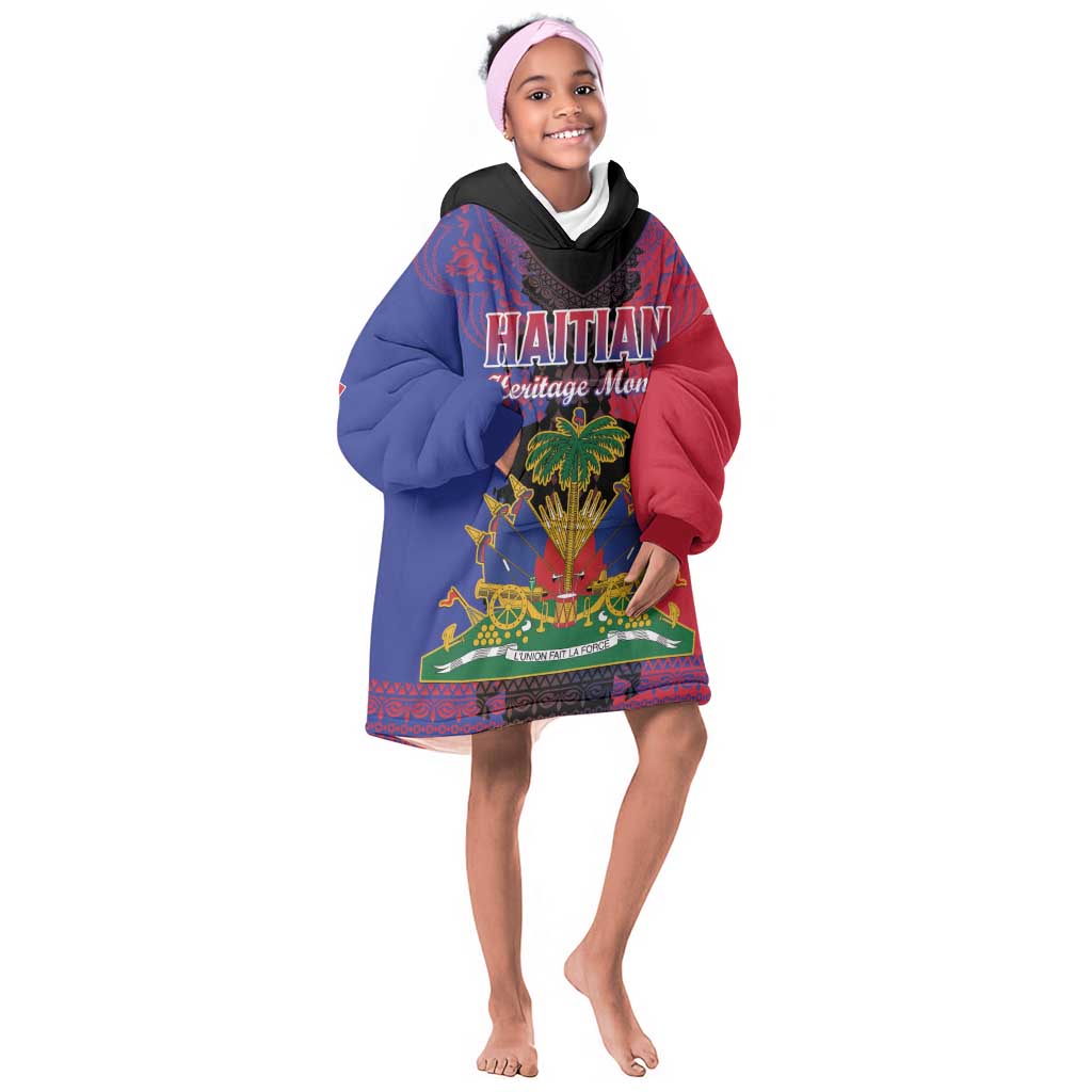 Personalised Haitian Heritage Month Kid Wearable Blanket Hoodie Coat Of Arms With Dashiki Pattern