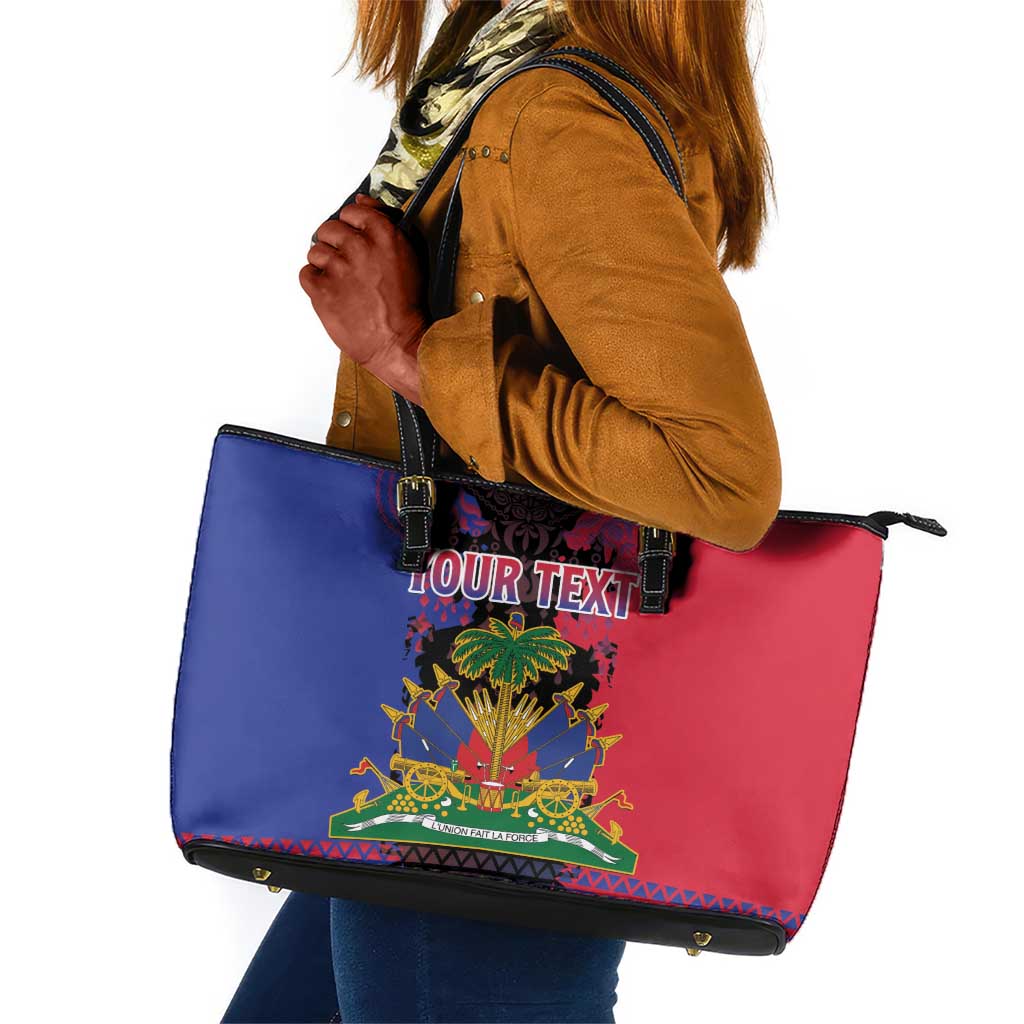 Personalised Haitian Heritage Month Leather Tote Bag Coat Of Arms With Dashiki Pattern