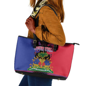Personalised Haitian Heritage Month Leather Tote Bag Coat Of Arms With Dashiki Pattern