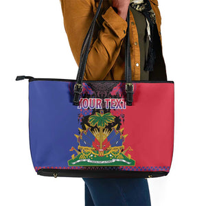 Personalised Haitian Heritage Month Leather Tote Bag Coat Of Arms With Dashiki Pattern