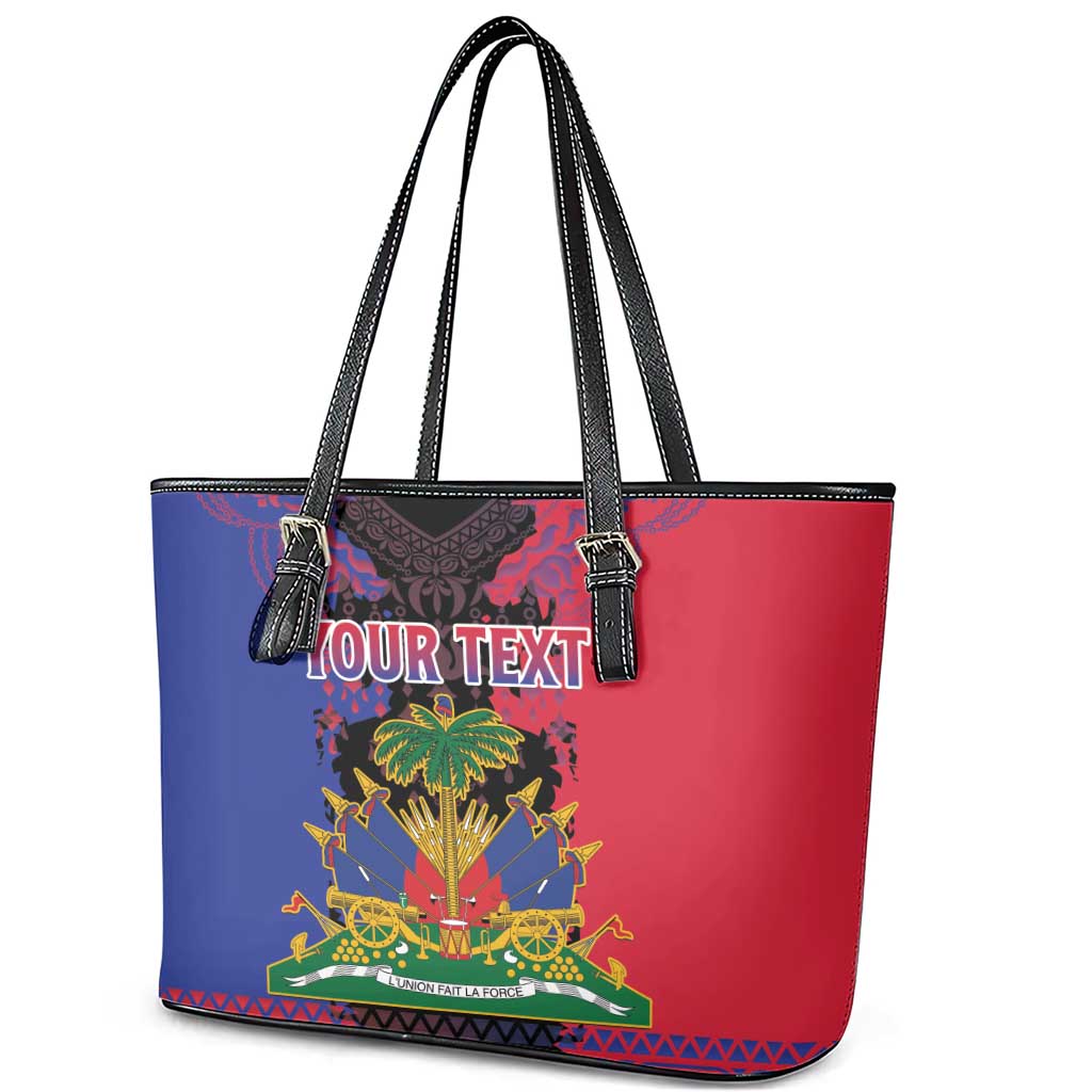 Personalised Haitian Heritage Month Leather Tote Bag Coat Of Arms With Dashiki Pattern