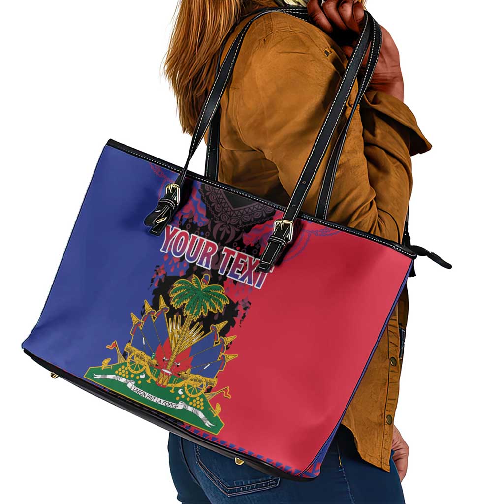 Personalised Haitian Heritage Month Leather Tote Bag Coat Of Arms With Dashiki Pattern