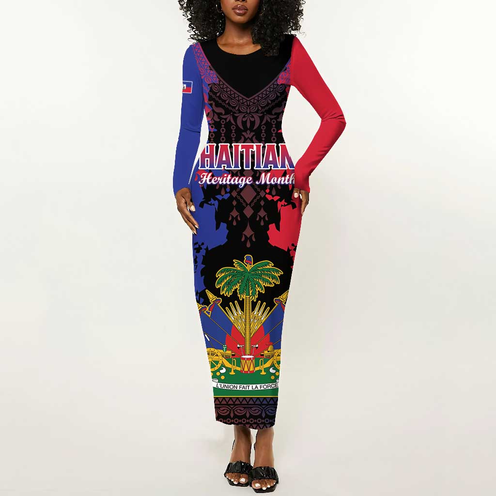 Personalised Haitian Heritage Month Long Sleeve Bodycon Dress Coat Of Arms With Dashiki Pattern LT15