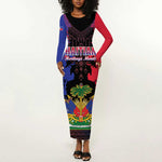 Personalised Haitian Heritage Month Long Sleeve Bodycon Dress Coat Of Arms With Dashiki Pattern LT15
