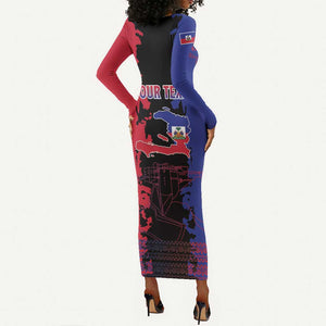 Personalised Haitian Heritage Month Long Sleeve Bodycon Dress Coat Of Arms With Dashiki Pattern LT15