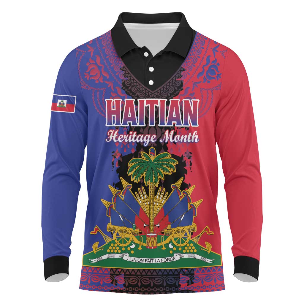Personalised Haitian Heritage Month Long Sleeve Polo Shirt Coat Of Arms With Dashiki Pattern