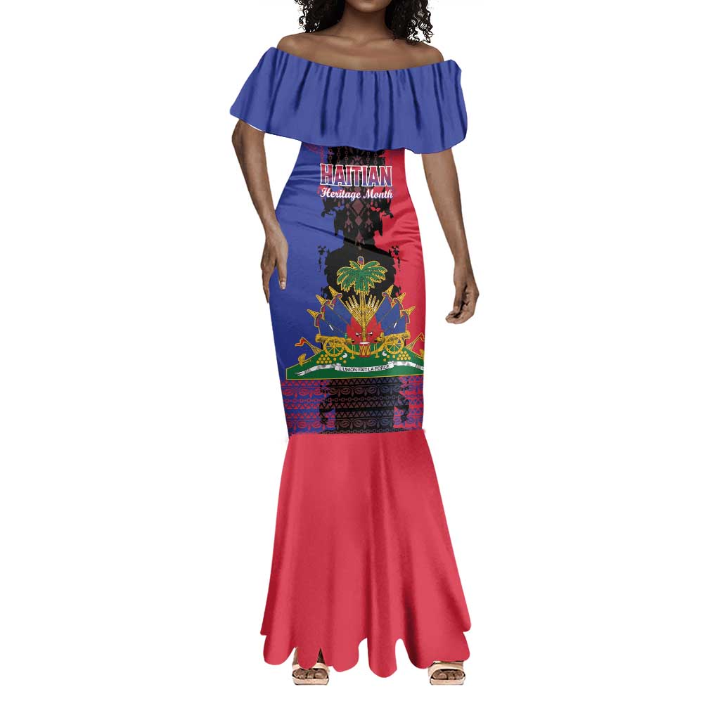 Personalised Haitian Heritage Month Mermaid Dress Coat Of Arms With Dashiki Pattern