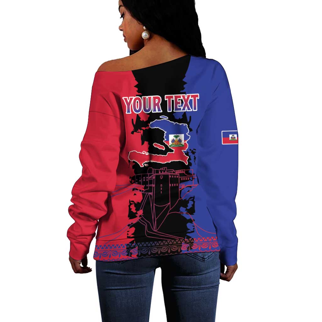 Personalised Haitian Heritage Month Off Shoulder Sweater Coat Of Arms With Dashiki Pattern