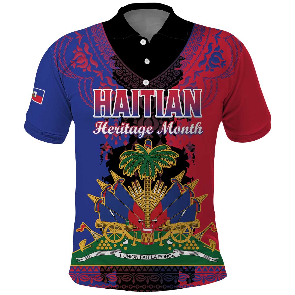 Personalised Haitian Heritage Month Polo Shirt Coat Of Arms With Dashiki Pattern