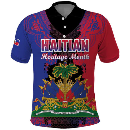 Personalised Haitian Heritage Month Polo Shirt Coat Of Arms With Dashiki Pattern
