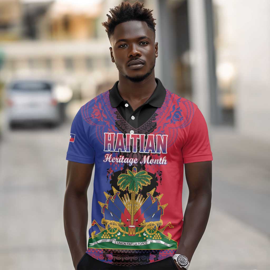 Personalised Haitian Heritage Month Polo Shirt Coat Of Arms With Dashiki Pattern