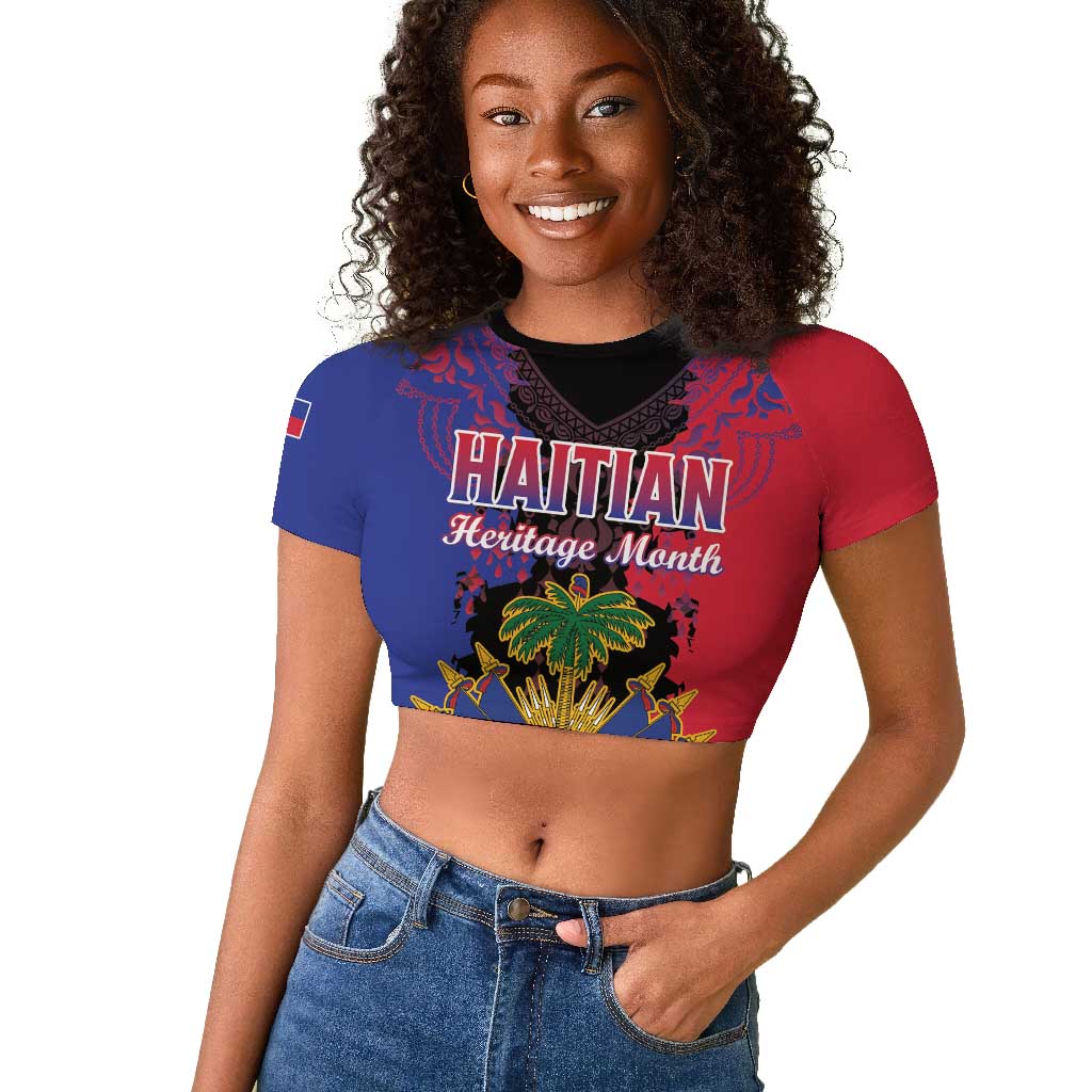 Personalised Haitian Heritage Month Raglan Cropped T shirt Coat Of Arms With Dashiki Pattern