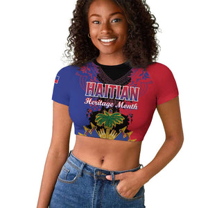 Personalised Haitian Heritage Month Raglan Cropped T shirt Coat Of Arms With Dashiki Pattern
