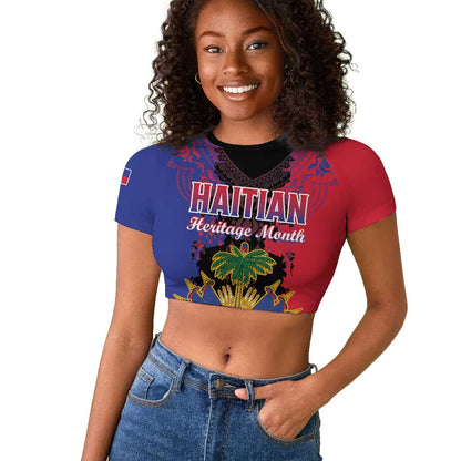 Personalised Haitian Heritage Month Raglan Cropped T shirt Coat Of Arms With Dashiki Pattern