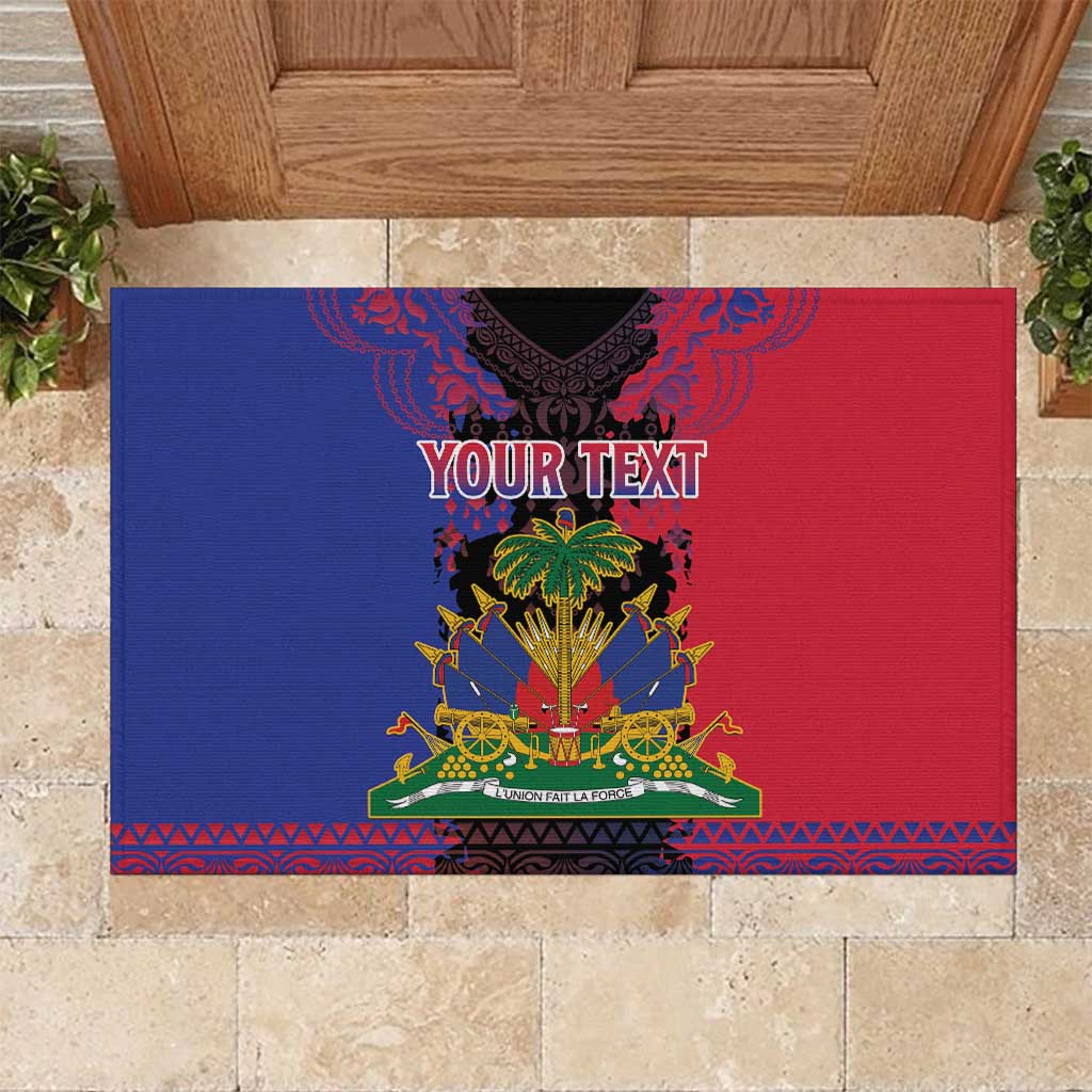 Personalised Haitian Heritage Month Rubber Doormat Coat Of Arms With Dashiki Pattern