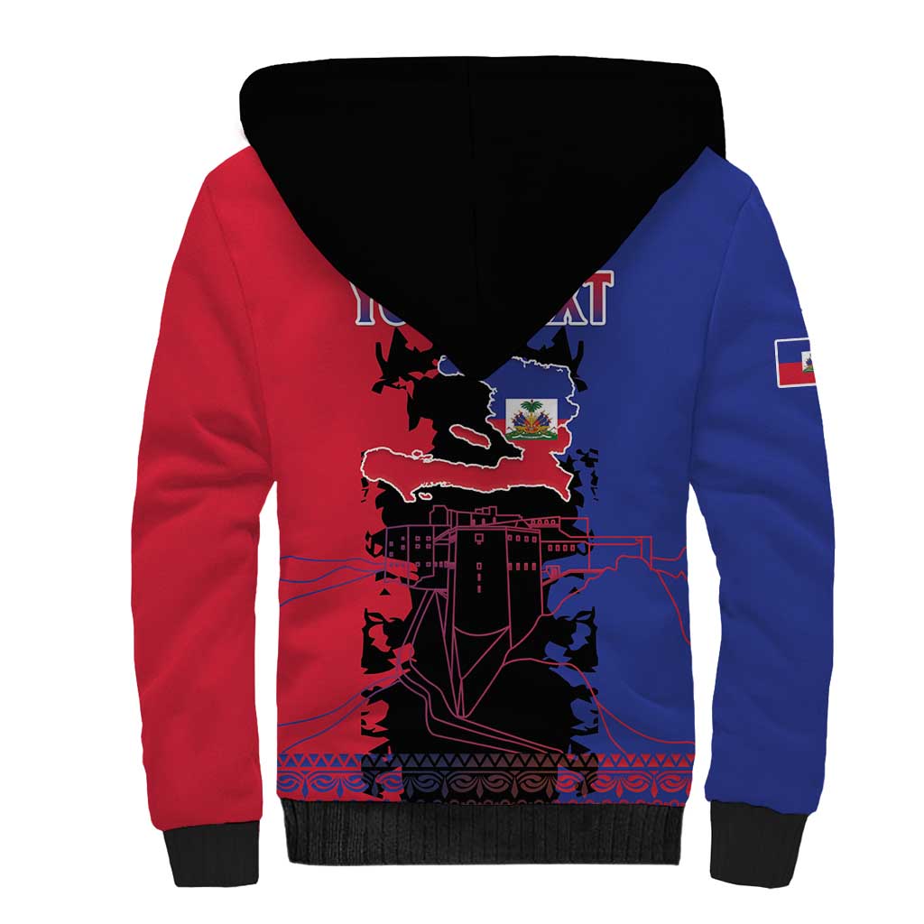 Personalised Haitian Heritage Month Sherpa Hoodie Coat Of Arms With Dashiki Pattern