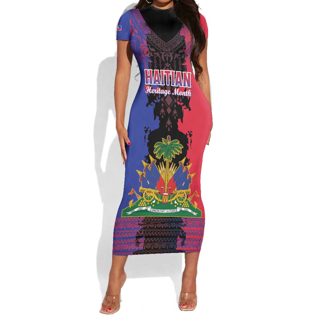 Personalised Haitian Heritage Month Short Sleeve Bodycon Dress Coat Of Arms With Dashiki Pattern LT15