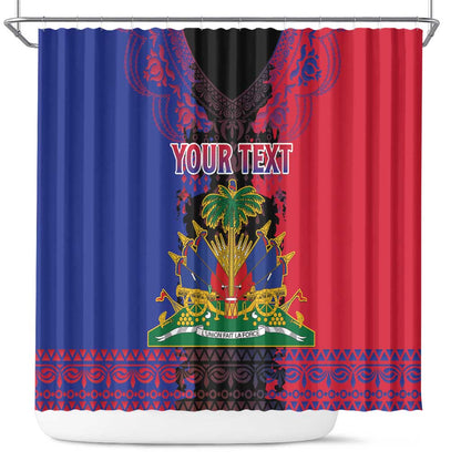 Personalised Haitian Heritage Month Shower Curtain Coat Of Arms With Dashiki Pattern