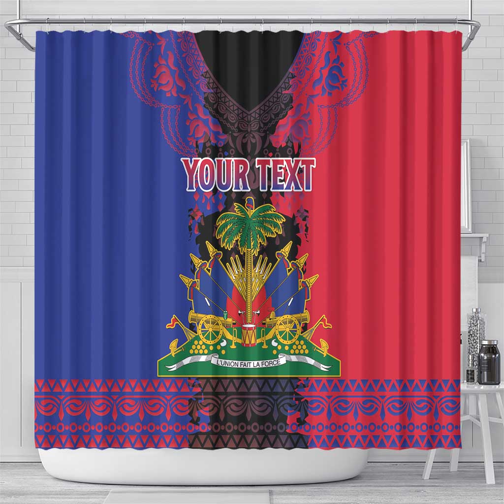 Personalised Haitian Heritage Month Shower Curtain Coat Of Arms With Dashiki Pattern