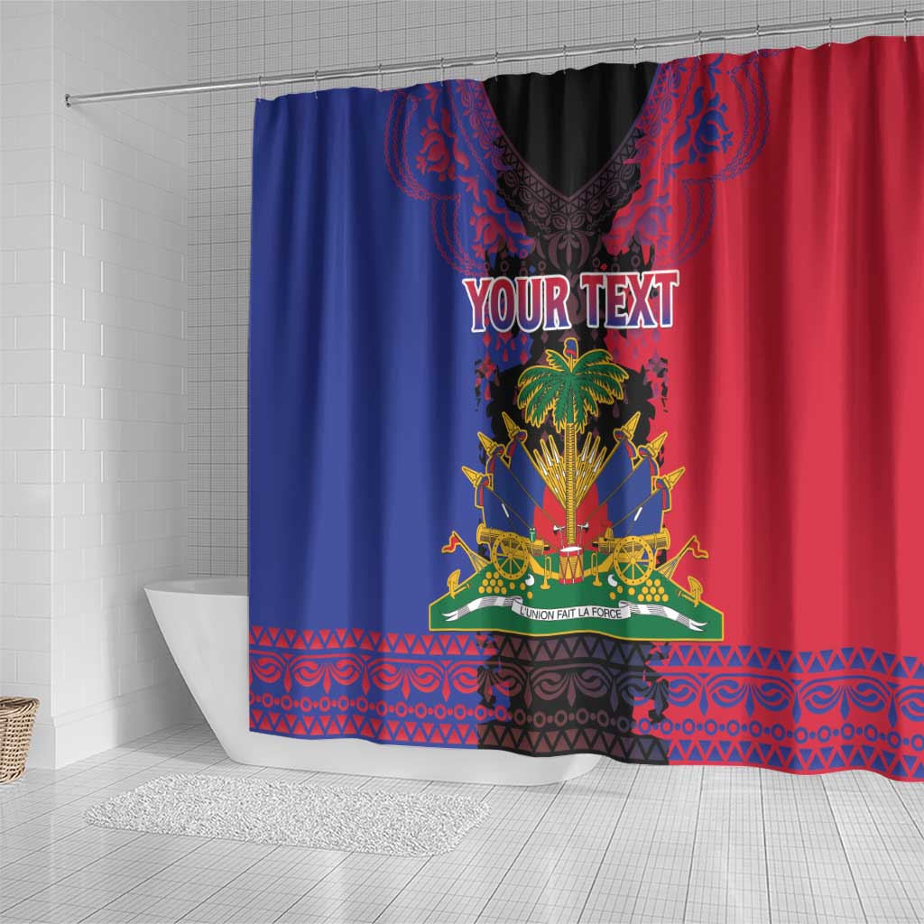 Personalised Haitian Heritage Month Shower Curtain Coat Of Arms With Dashiki Pattern
