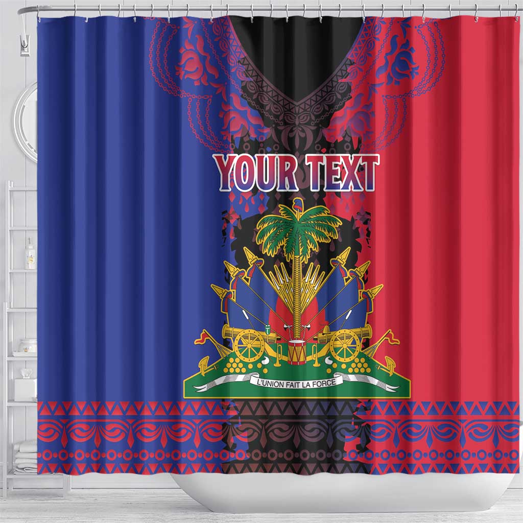 Personalised Haitian Heritage Month Shower Curtain Coat Of Arms With Dashiki Pattern