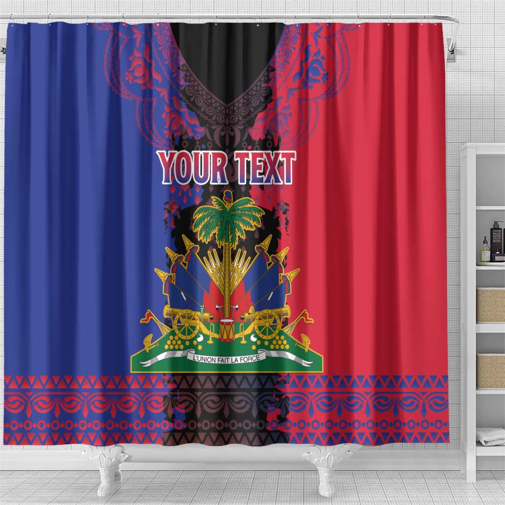 Personalised Haitian Heritage Month Shower Curtain Coat Of Arms With Dashiki Pattern