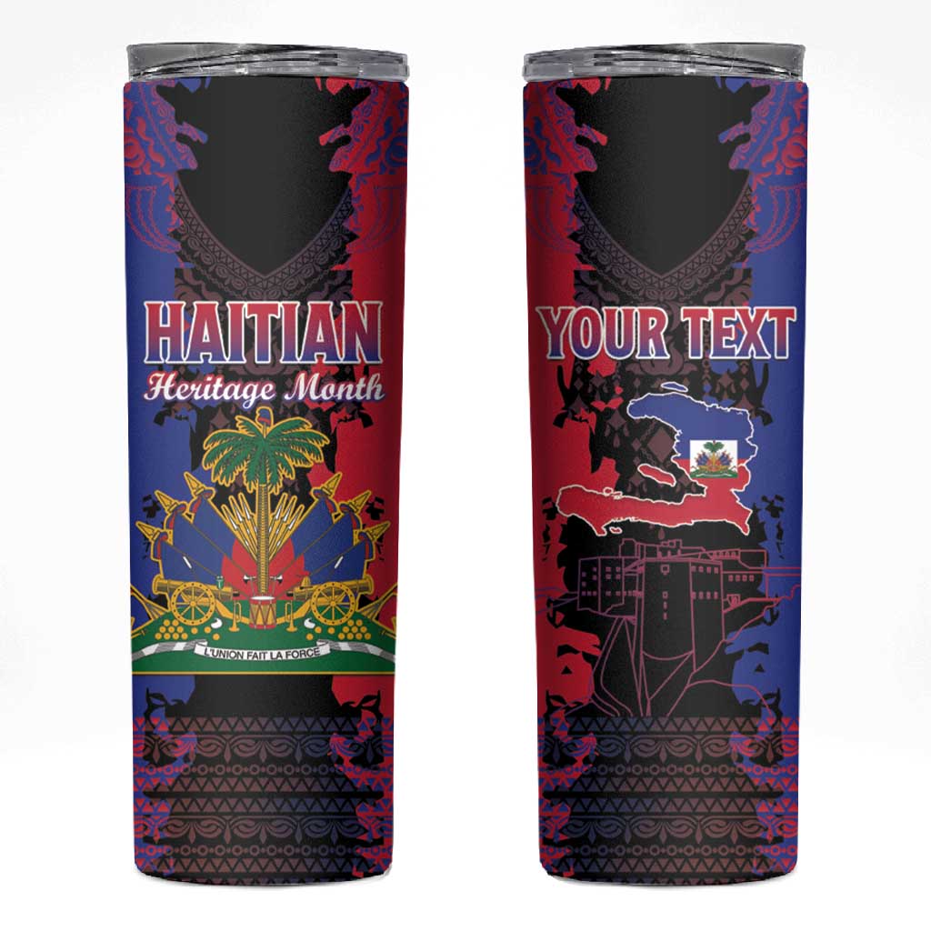 Personalised Haitian Heritage Month Skinny Tumbler Coat Of Arms With Dashiki Pattern