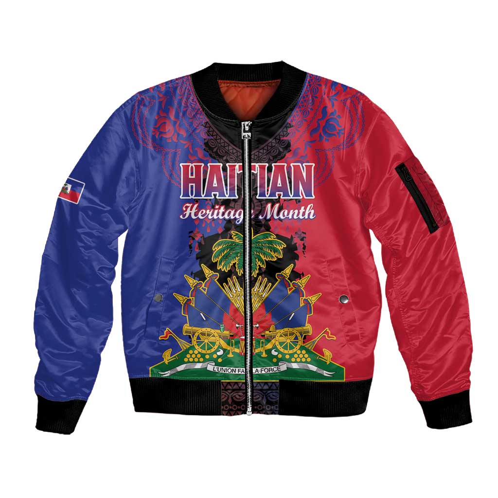 Personalised Haitian Heritage Month Sleeve Zip Bomber Jacket Coat Of Arms With Dashiki Pattern