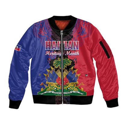 Personalised Haitian Heritage Month Sleeve Zip Bomber Jacket Coat Of Arms With Dashiki Pattern
