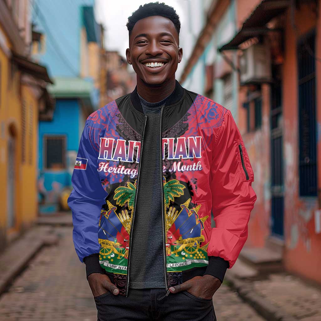 Personalised Haitian Heritage Month Sleeve Zip Bomber Jacket Coat Of Arms With Dashiki Pattern