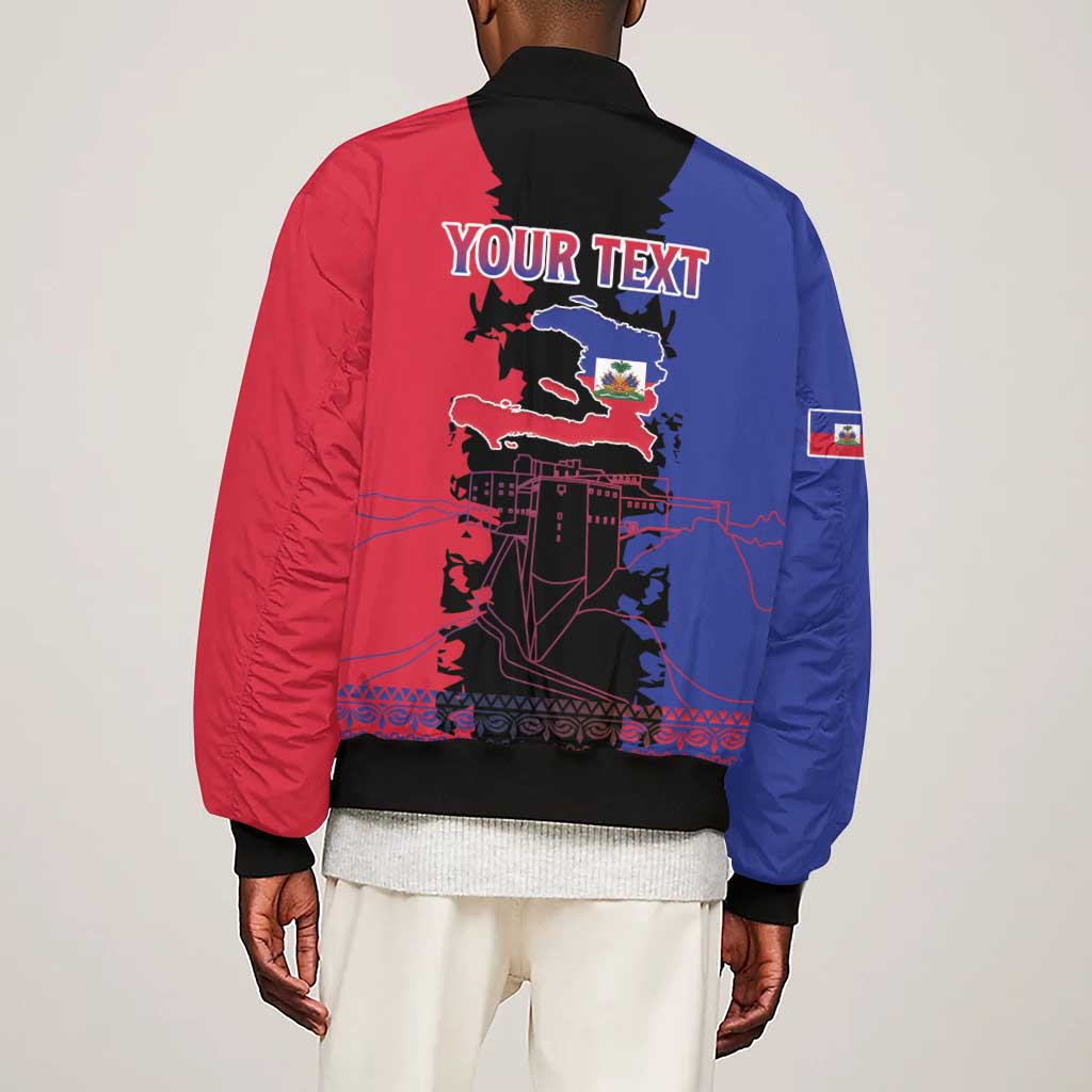 Personalised Haitian Heritage Month Sleeve Zip Bomber Jacket Coat Of Arms With Dashiki Pattern