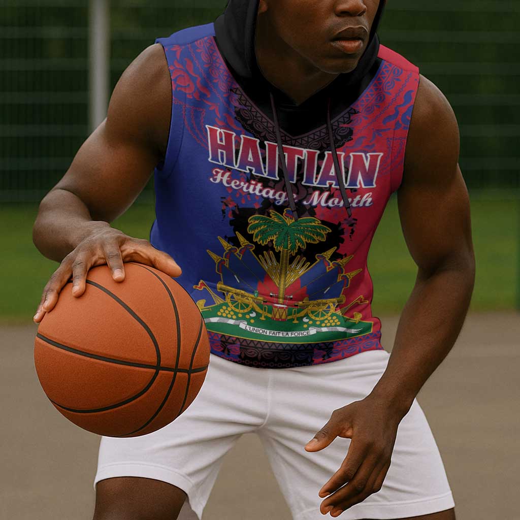 Personalised Haitian Heritage Month Sleeveless Hoodie Coat Of Arms With Dashiki Pattern - African Pride