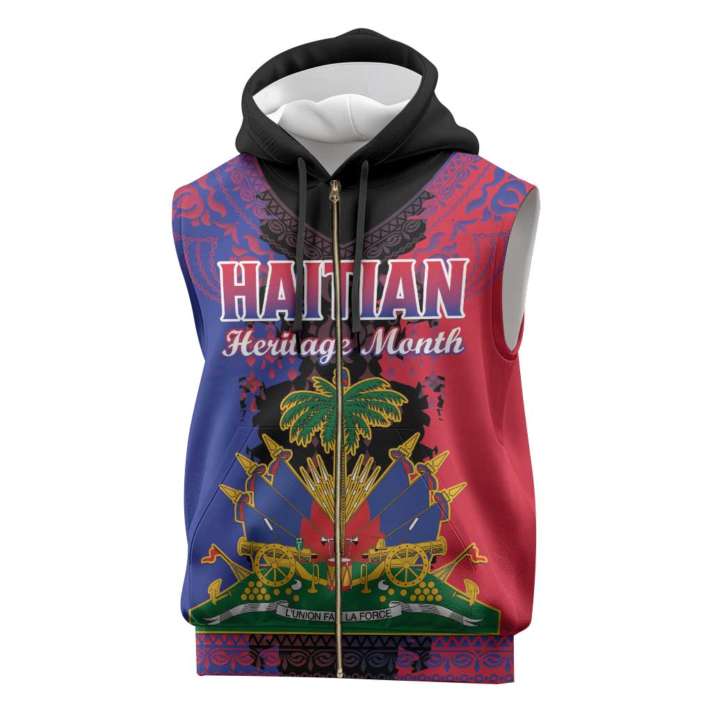 Personalised Haitian Heritage Month Sleeveless Zip Hoodie Coat Of Arms With Dashiki Pattern - African Pride