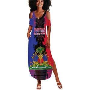 Personalised Haitian Heritage Month Summer Maxi Dress Coat Of Arms With Dashiki Pattern