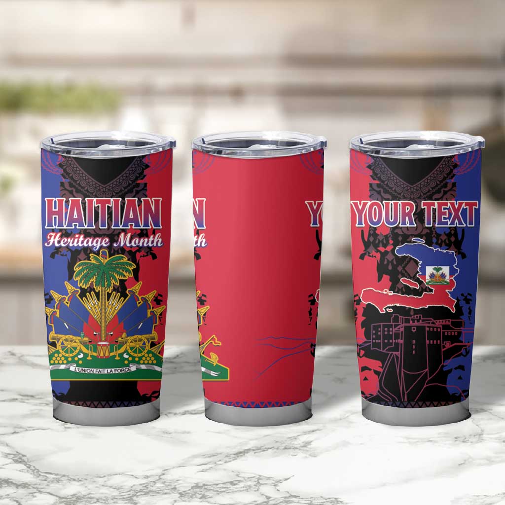 Personalised Haitian Heritage Month Tumbler Cup Coat Of Arms With Dashiki Pattern