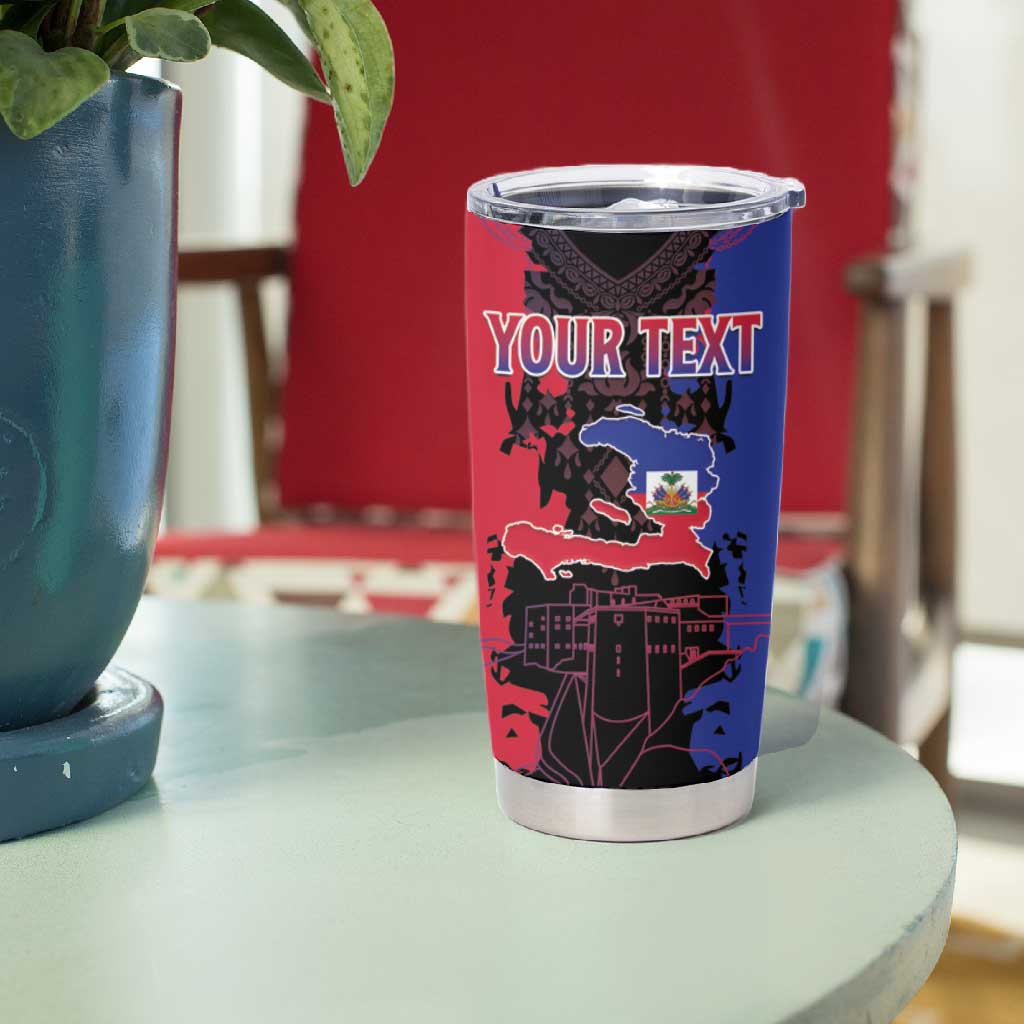 Personalised Haitian Heritage Month Tumbler Cup Coat Of Arms With Dashiki Pattern
