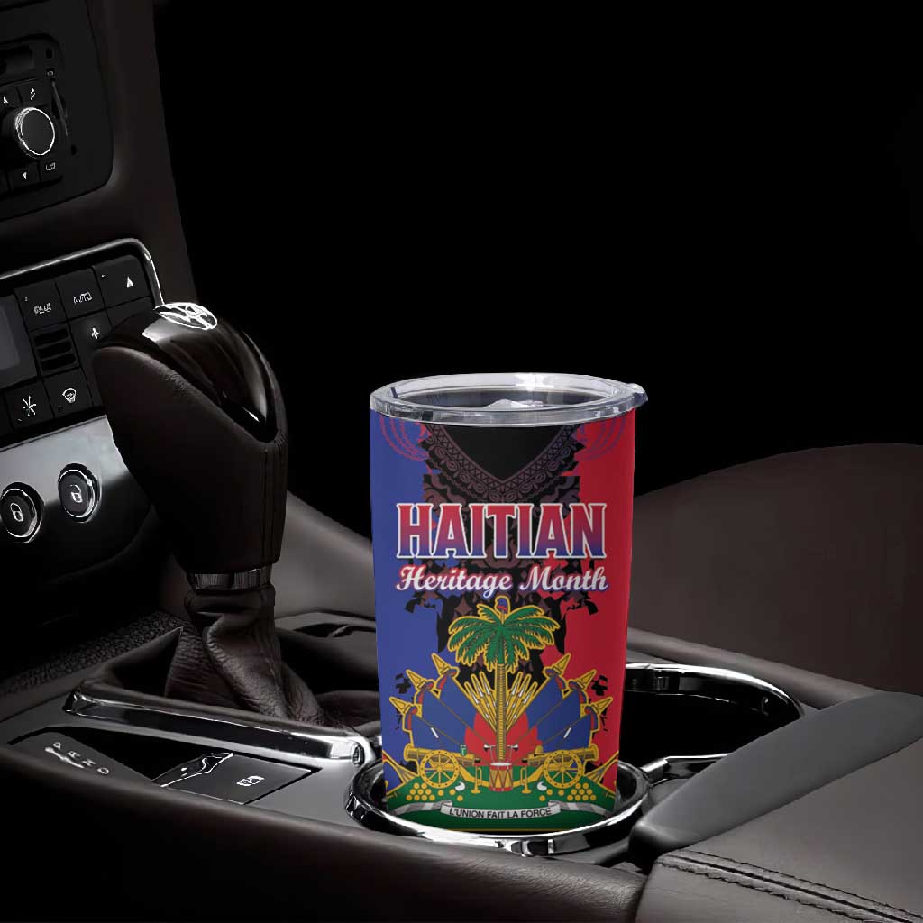 Personalised Haitian Heritage Month Tumbler Cup Coat Of Arms With Dashiki Pattern