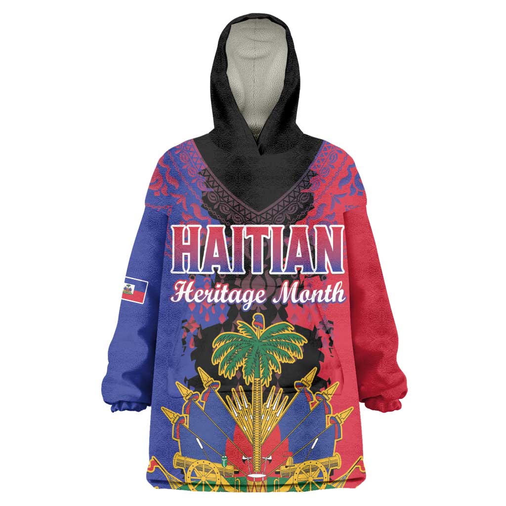 Personalised Haitian Heritage Month Wearable Blanket Hoodie Coat Of Arms With Dashiki Pattern
