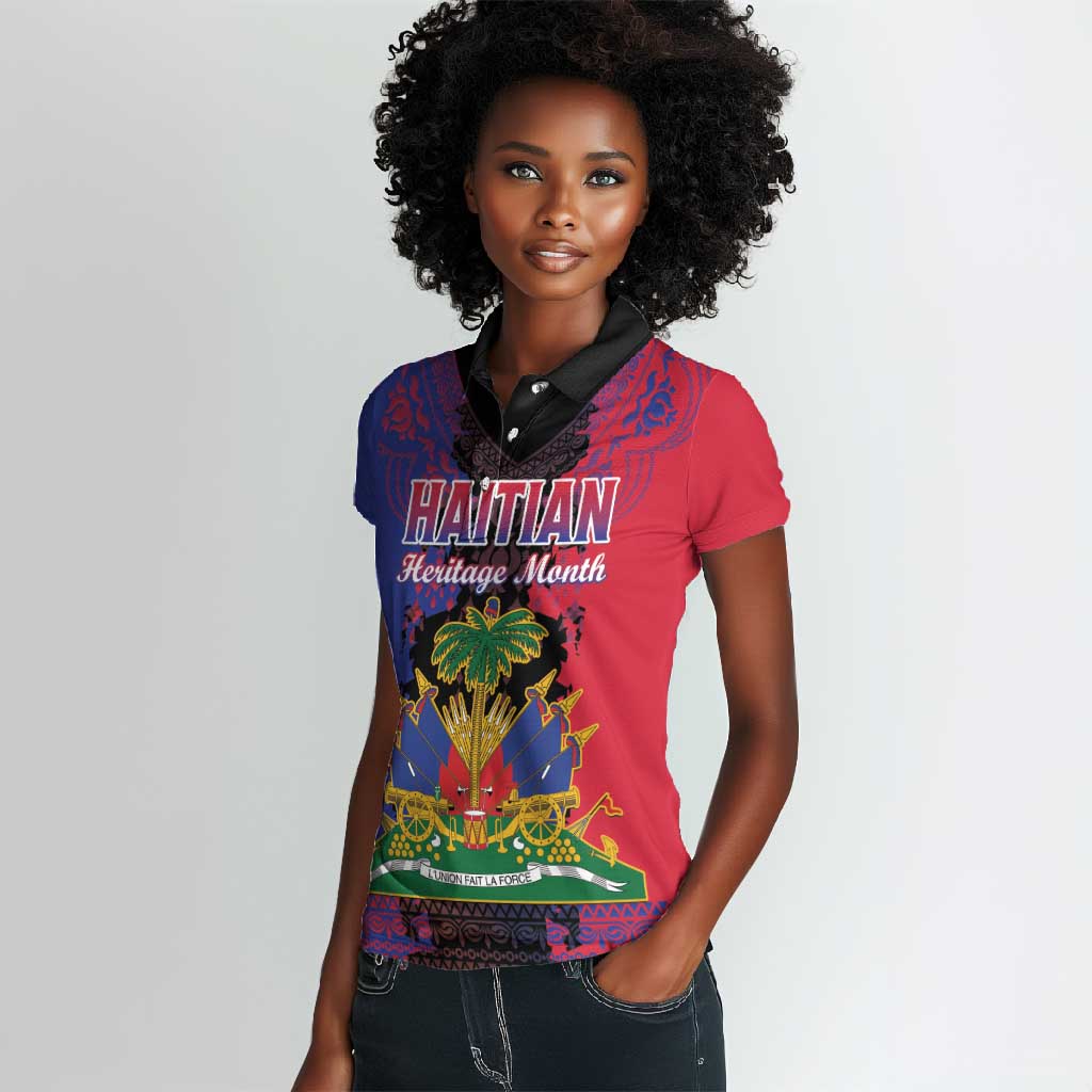 Personalised Haitian Heritage Month Women Polo Shirt Coat Of Arms With Dashiki Pattern
