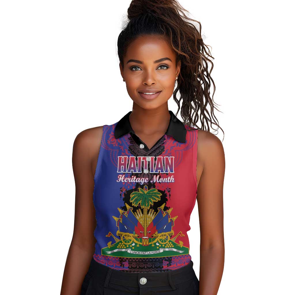 Personalised Haitian Heritage Month Women Sleeveless Polo Shirt Coat Of Arms With Dashiki Pattern