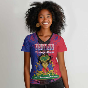 Personalised Haitian Heritage Month Women V-Neck T-Shirt Coat Of Arms With Dashiki Pattern