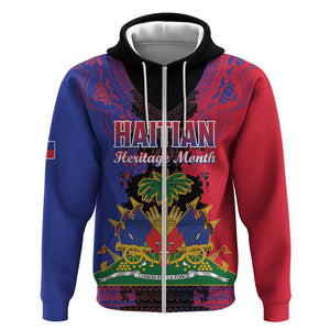 Personalised Haitian Heritage Month Zip Hoodie Coat Of Arms With Dashiki Pattern