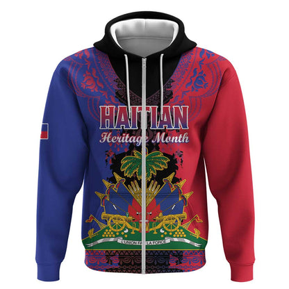 Personalised Haitian Heritage Month Zip Hoodie Coat Of Arms With Dashiki Pattern